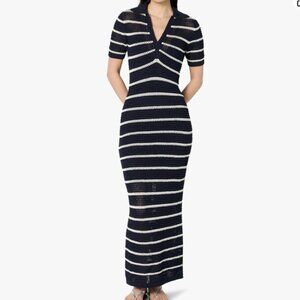 NWT The Drop Adalyn Tape Yarn Split-Neck Maxi Dress, Navy/Ivory Stripe, XL